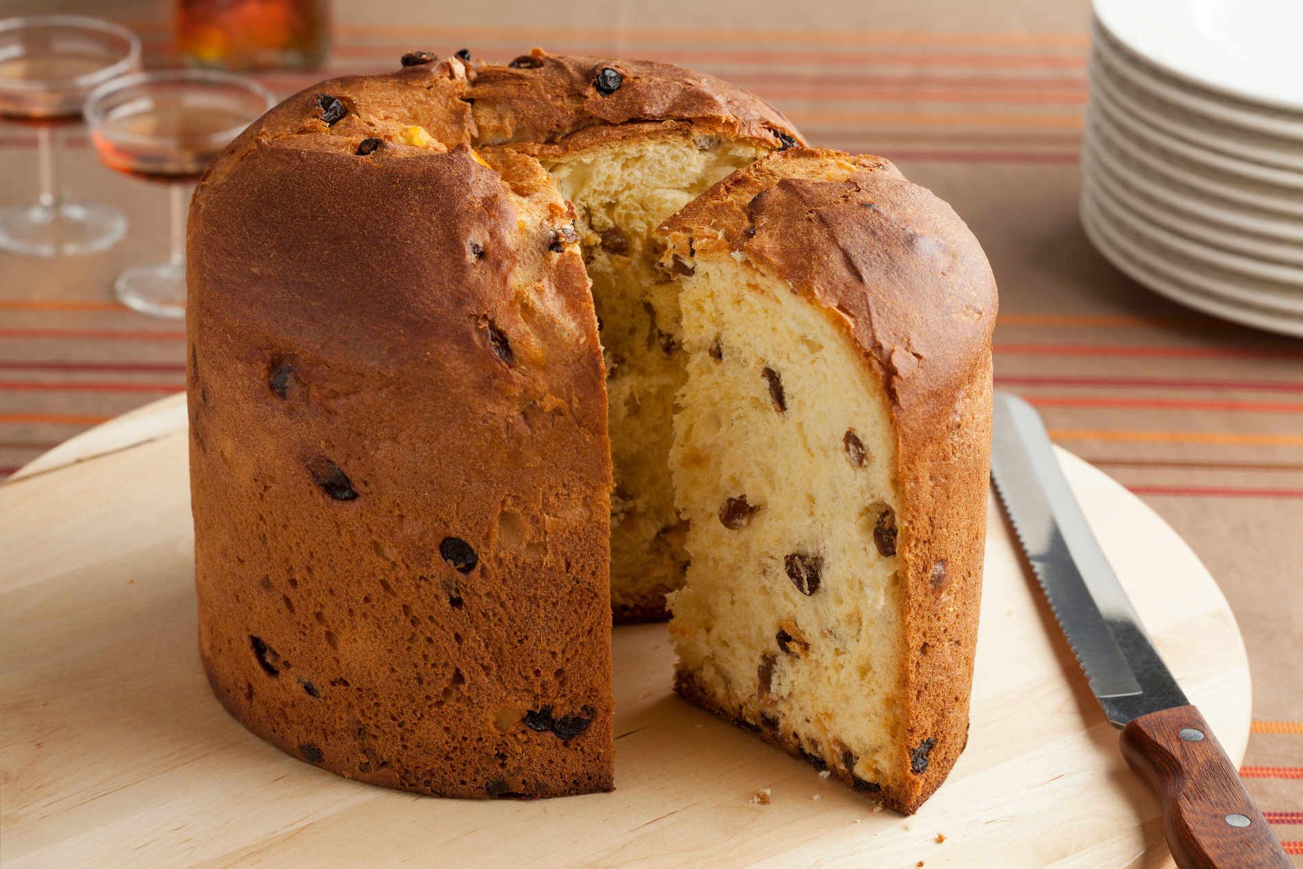 Tall loaf of panettone bread with dried fruit