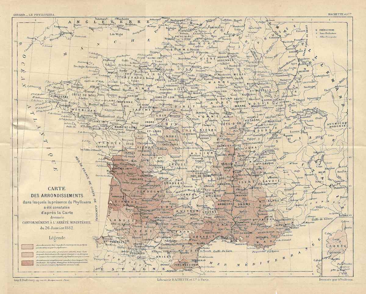Old map of France with a portion in the south marked in red