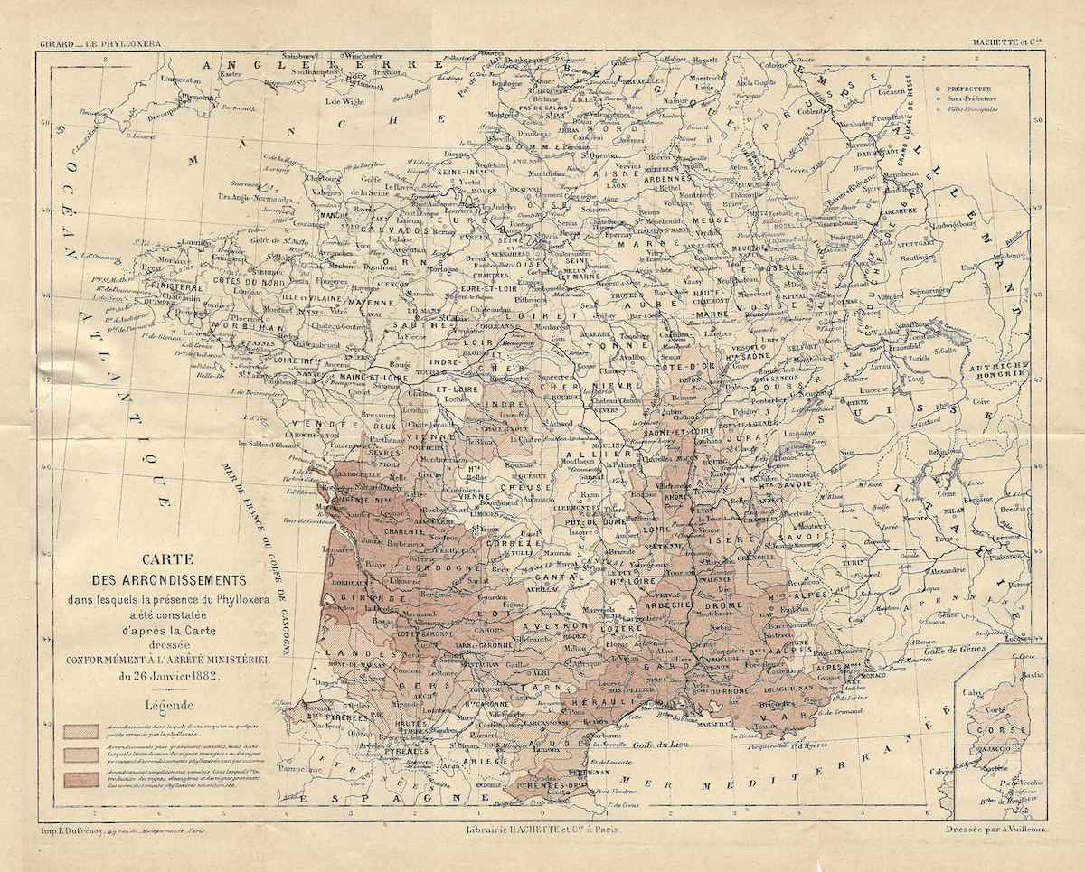Old map of France with a portion in the south marked in red