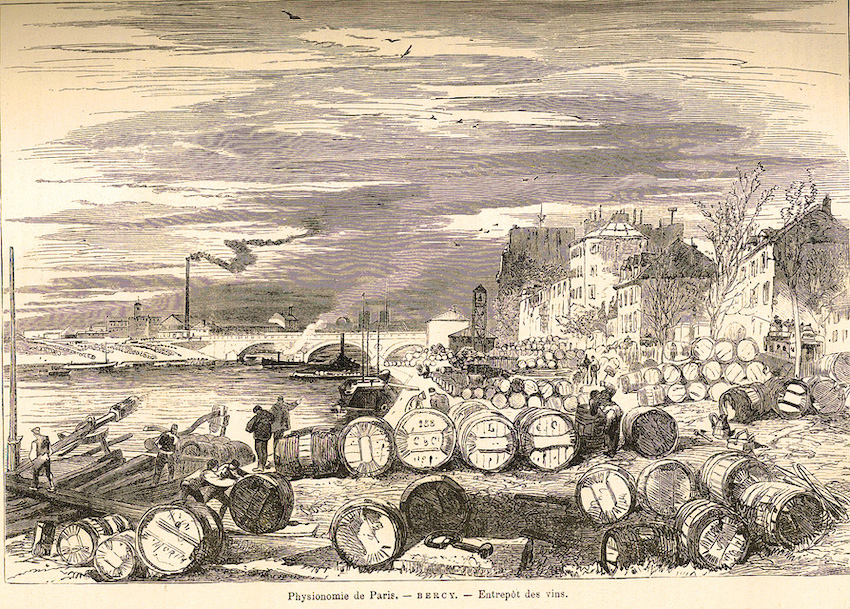 Old engraving showing barrels between the river and buildings on the shore