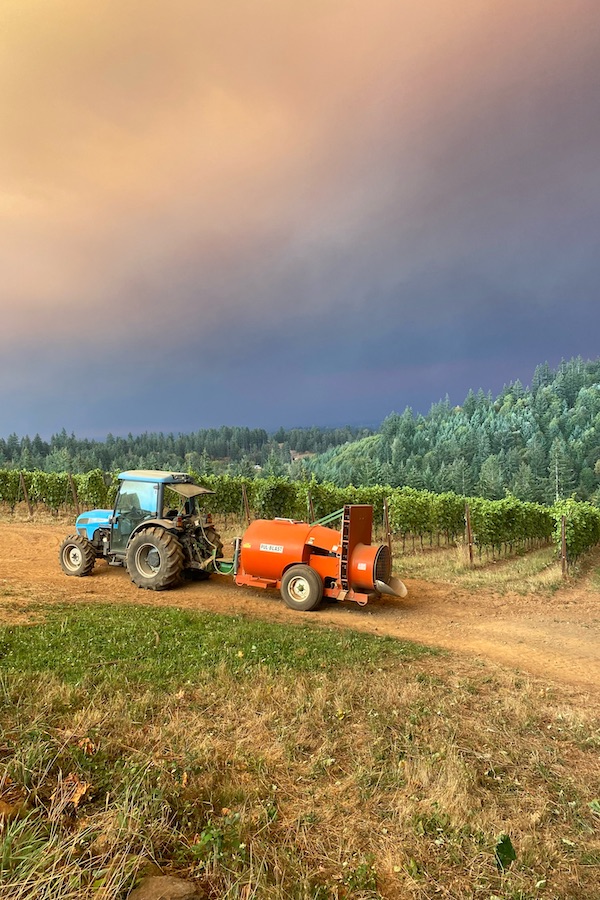 Tractor next to vineyard with pink and blue sky