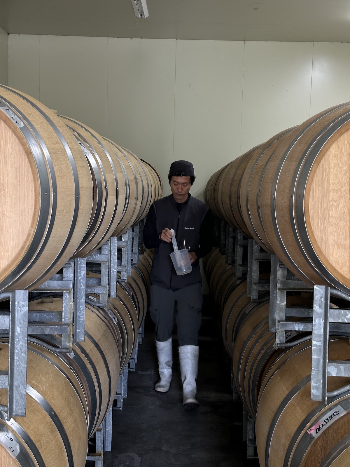 Barrels in a winery with a person walking between them
