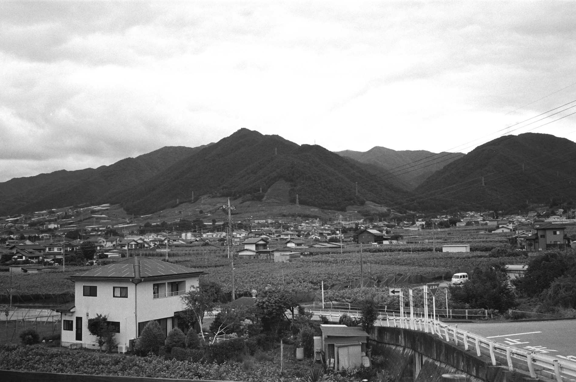 Black and white image of a landscape in Japan