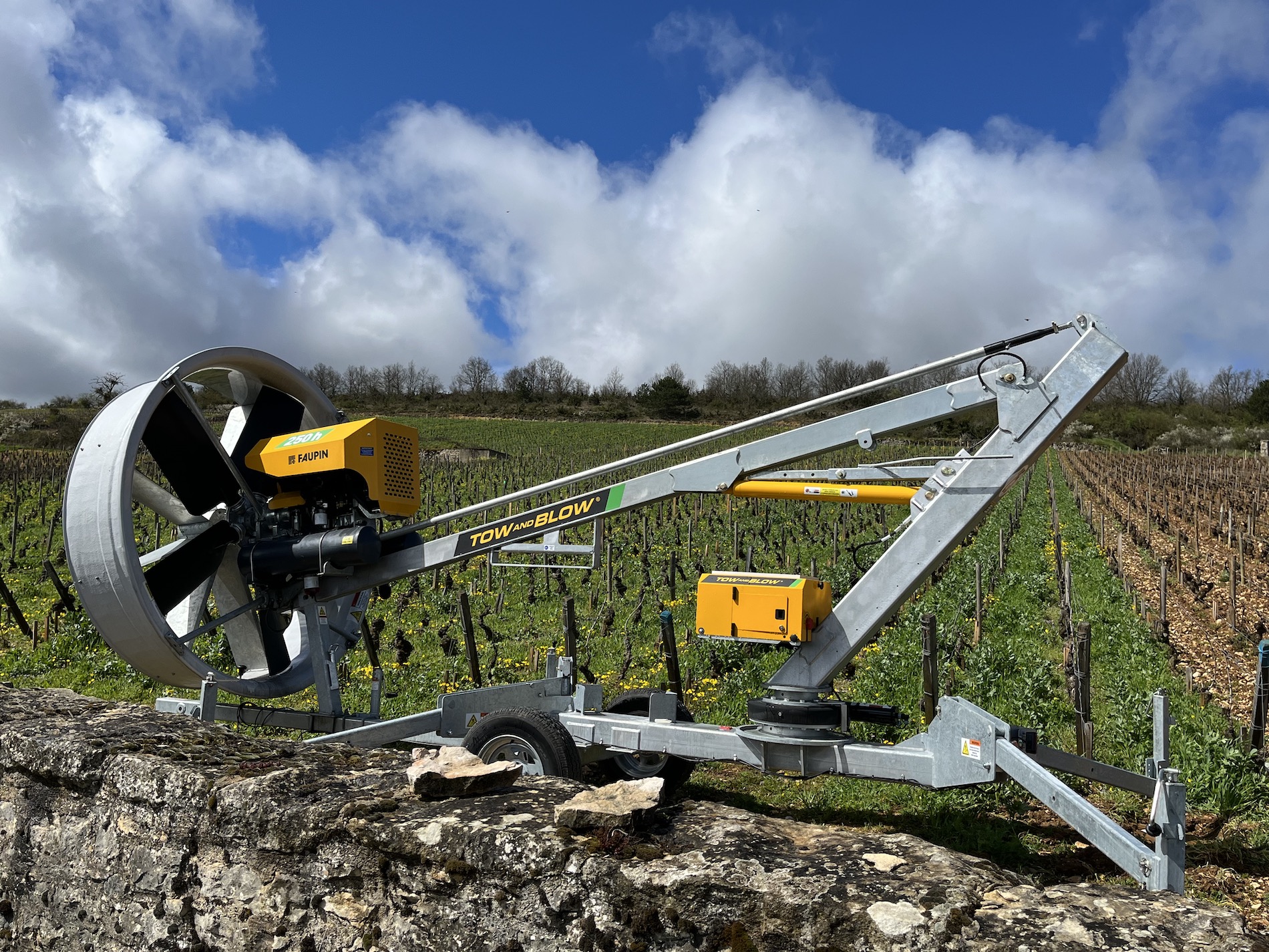 Machinery sitting atop old stone wall, with vineyard in the background.