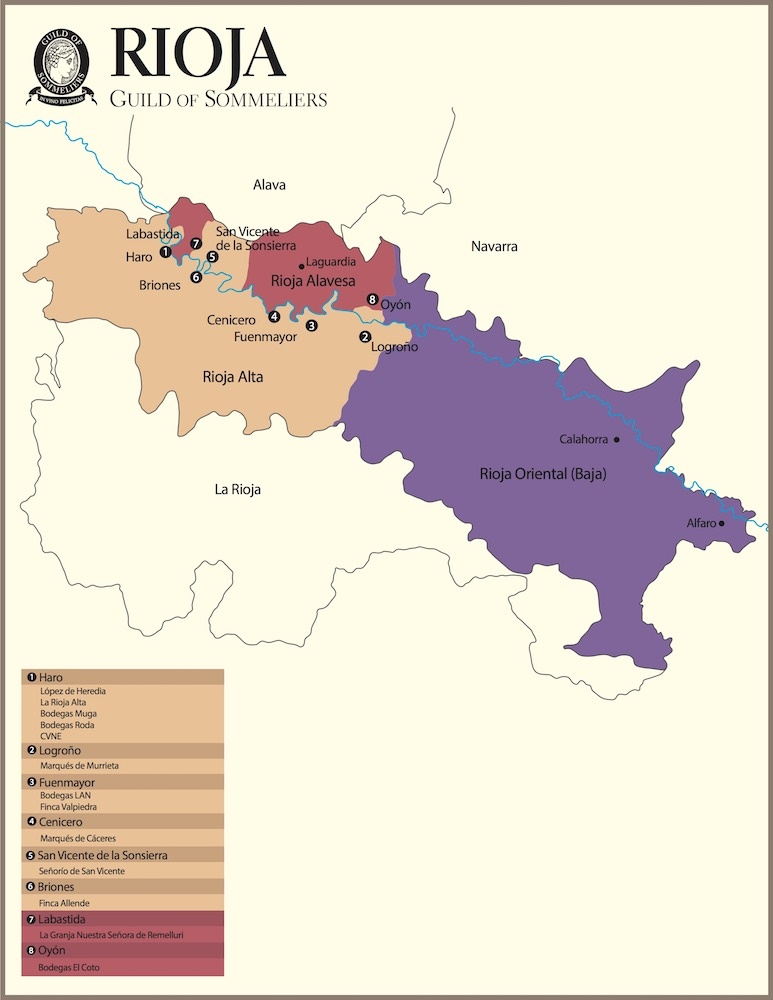 Subzones, cities, and key wineries in Rioja