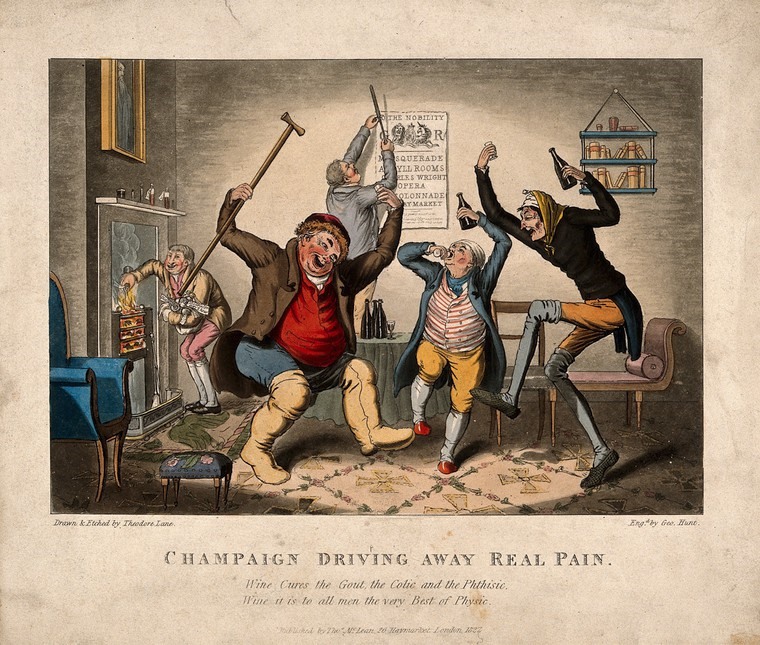 Dancing invalids discard medicines in favor of alcohol in an aquatint by G. Hung, 1827, after T. Lane (Credit: Wellcome Collection)