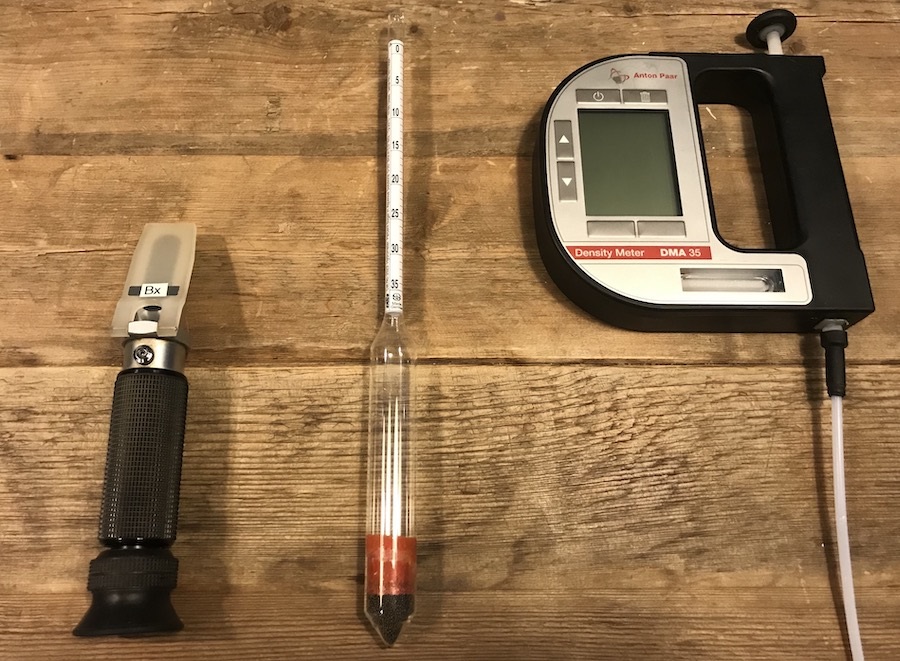 Tools for measuring sugar, from left to right, include refractometers, used on grape juice prior to fermentation, and hydrometers and densiometers, used on fermenting grape must.