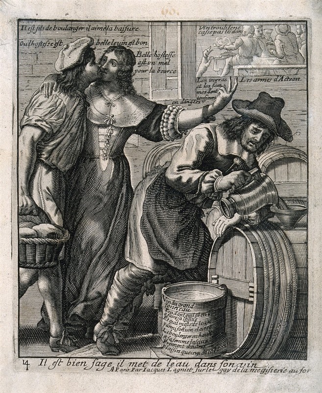 Innkeeper adding water to his wine in an engraving by J. Lagnier, c. 1660 (Credit: Wellcome Collection)