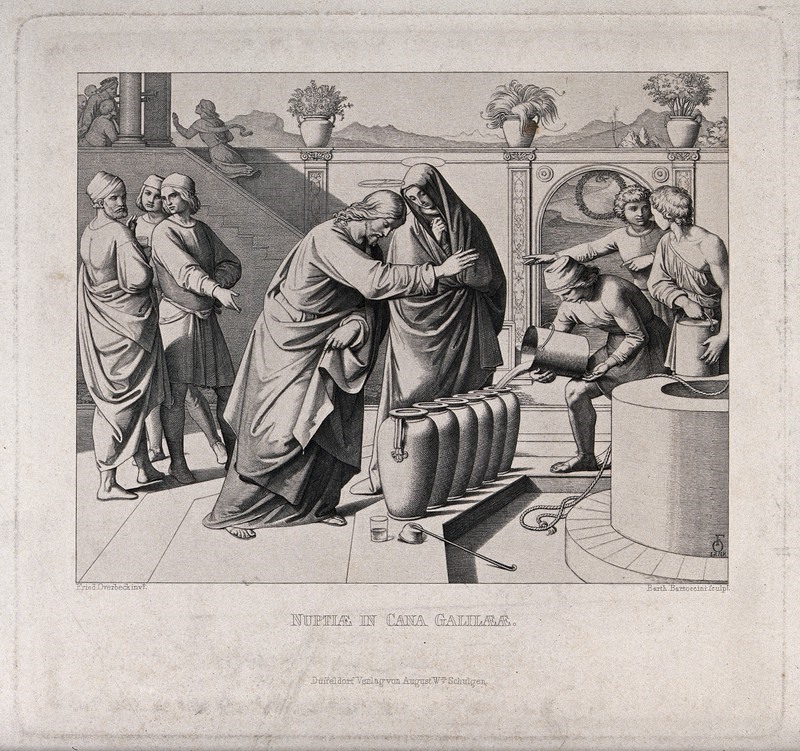 Christ making water into wine in an etching by B. Bertoccini after J.F. Overbeck, 1848 (Credit: Wellcome Collection)