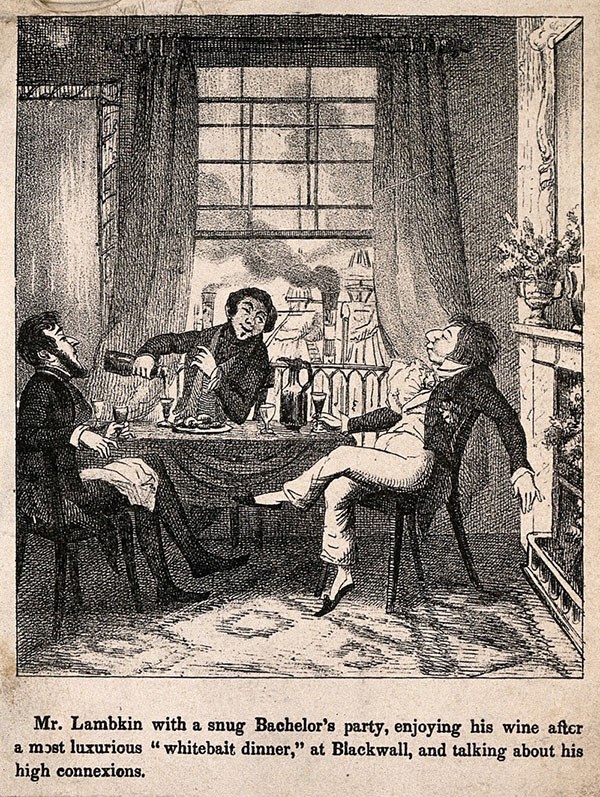 Friends enjoying wine in a lithograph by G. Cruikshank (Credit: Wellcome Collection)