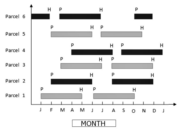 Graph depicting management of six vineyard parcels over the course of a year